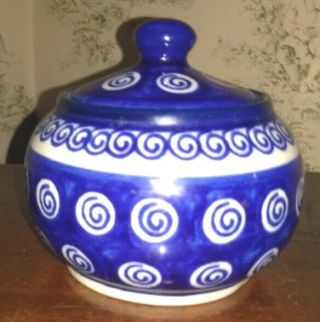 Vintage Boleslawiec Polish Hand Made Ceramic Swirls Sugar Bowl & Lid No Handles