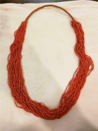 Vintage Fashion Necklace Ethnic Look Seed Beads Multi Strand Coral Color 36 "