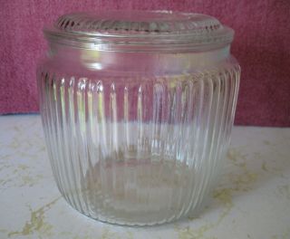 Vintage Anchor Hocking Clear Glass Ribbed Cookie Jar / Canister With Lid 6 " Tall