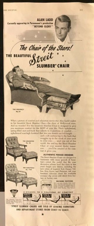 1948 Alan Ladd Beyond Glory Streit Slumber Chair Vintage Ad