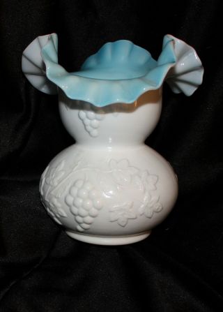 Vintage Kanawha Glass Ruffled Blue Cased Vase With Grapes