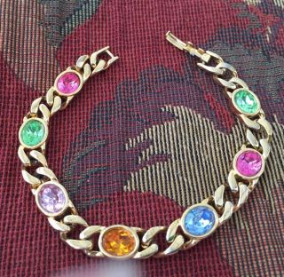 Vintage Multi - Colored Stones & Gold Tone Link Bracelet