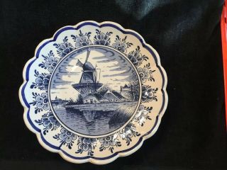 Vtg Handpainted Delft Holland Cobalt Blue 7” Pottery Wall Plate With Windmill