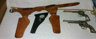 Vintage Wagon Train Leather Holster 2 Cap Guns - Welles Fargo - Csa Plastic Holster