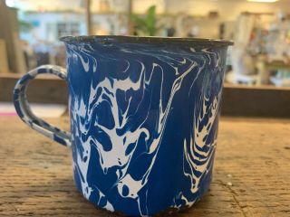 Vintage Swirled Blue & White Black Trimmed Enamel/granite Ware Cup Mug W/handle