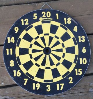 Vintage Marksman Dart Board 11 1/2” Double Sided Yellow / Black Cabin / Man Cave