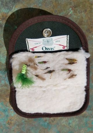Vtg Orvis Sherpa Fleece Lined Battenkill Fly Fishing Soft Case & 12 Flies