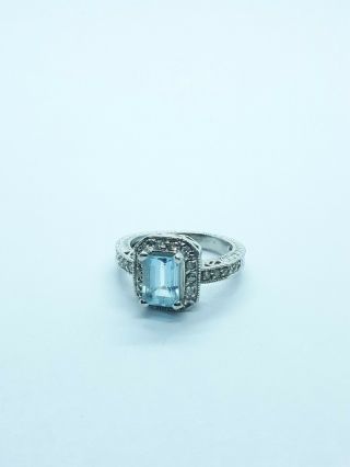 Vintage Emerald Cut Aquamarine Ring For Women Size 6 Silver Tone With Cz Accents