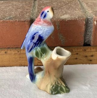 Vintage Royal Copley Blue Pink Bird Parakeet Parrot On Branch Ceramic Bud Vase
