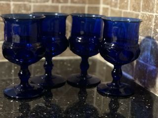 Set Of 4 Vintage Cobalt Blue Kings Crown 5 1/2” Goblets Indiana Glassware Euc