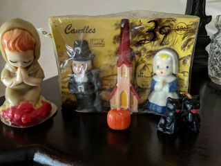 Vintage Gurley Halloween Thanksgiving Candles Pilgrims In Package,  Black Cats
