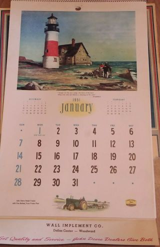 Vintage Calendar 1951 John Deere Dallas Center Iowa