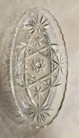 Vintage Star Of David Oval Clear Cut Glass Relish Dish 8 1/2”