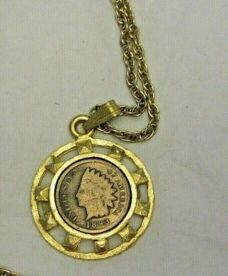 Vintage 1893 Us Indian Head Cent Penny Coin Necklace Gold Tone Chain
