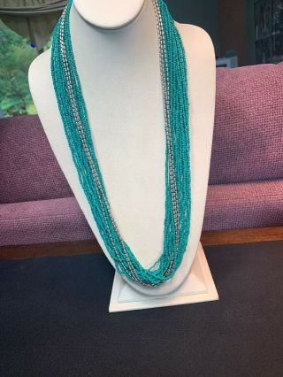 Vintage Boheniman Turquoise And Silver Seed Multi Strand Long Necklace Boho