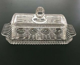 Vintage Crystal Clear Butter Dish With Lid Diamond Cut Glass Covered With Handle