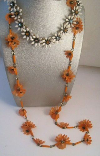 2 Vtg Fun Plastic Flower Necklaces Orange Poppies White W/multi Color Stones