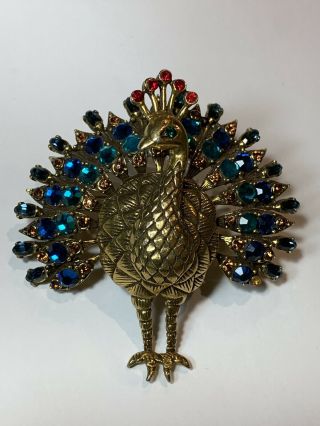 Vintage Peacock Bird Brooch Pin W/colored Rhinestones Costume Jewelry Stunning