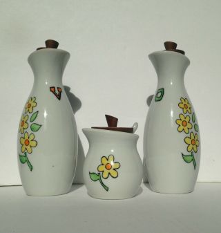 Vintage 1960s 70s Cruet Set Vinegar Oil Bottles Yellow Flower Jar Spoon Wood Lid