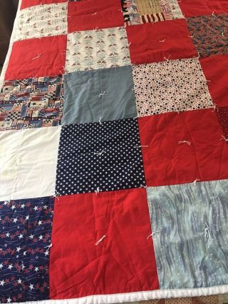 Vintage Handmade American Flag Quilt 60 " X 71 " Hand Tied