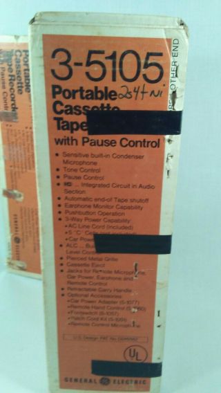 Vtg GE General Electric 3 - 5105G Cassette Tape Player Recorder Box EUC 3