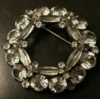 Vintage Estate Round Black Metal Clear Rhinestone Glass Crystal Stone Brooch Pin