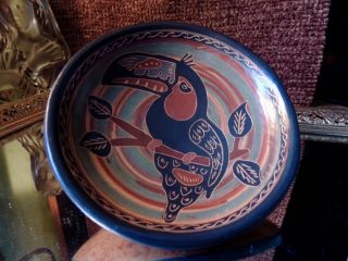 Vintage Guaitil Costa Rica Pottery Parrot Tripod Dish Signed