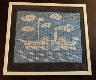 Vtg Completed Needlepoint Coastal Sail Boat Framed Picture 11 " X 10”