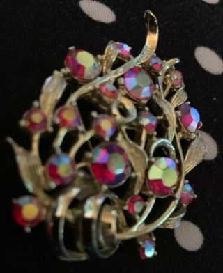 Vintage Lisner Cluster Brooch Red Aurora Borealis Rhinestone Jewelry