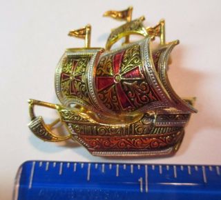 Vintage Signed Spain Damascene Ship Brooch Pin,  1400 