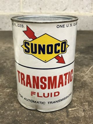 Vintage Sunoco Transmatic Fluid Quart Can Motor Oil Gas Full Can