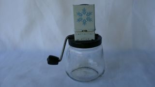 Vintage Androck Nut Grinder Chopper Tin Litho & Glass Jar Wood Handle Crank