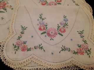 Vintage Hand Embroidered TABLE RUNNER DRESSER SCARF DOILIES crochet edges Set 4 3