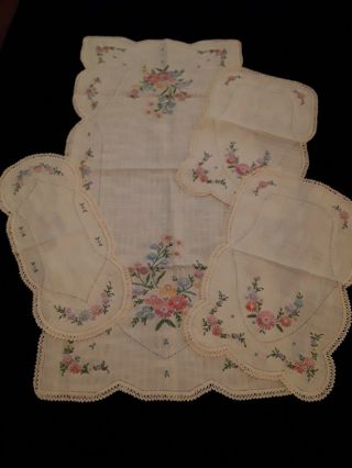 Vintage Hand Embroidered TABLE RUNNER DRESSER SCARF DOILIES crochet edges Set 4 8