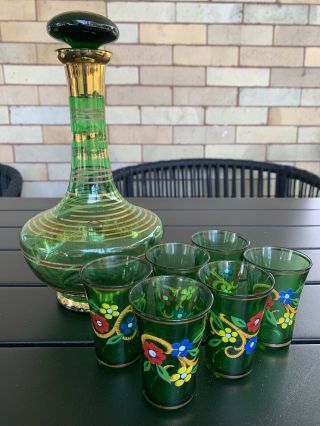 Vintage Set Mid Century Green Glass Decanter And Floral Gold Shot Glasses