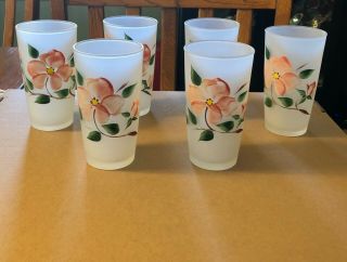 Vintage Hazel Atlas Gay Fad Frosted Glasses Peach Blossoms Set Of 6 Tumblers