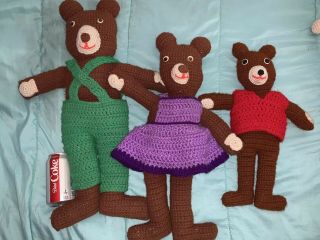 Vintage Handmade Amigurumi Crochet " 3 Bears Mama Papa & Baby " Toy Crocheted