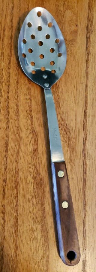 Vintage Robinson Slotted Serving Spoon Stainless W Wood Handle 12 " Usa Euc