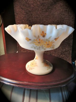 Vintage Fenton Golden Beige Satin Glass Hand Painted Compote/candy Dish Signed