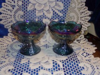Vintage Carnival Glass Blue Iridescent Candle Holder Duo Indiana Harvest Grape