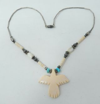 Vintage Carved Bovine Bone Bird Turquoise Shell Beaded Pendant Necklace