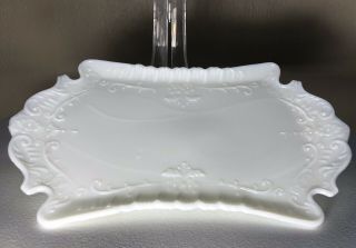 Vintage Victorian Opaque Milk Glass Vanity Perfume Dresser Tray Floral Scrolls 8