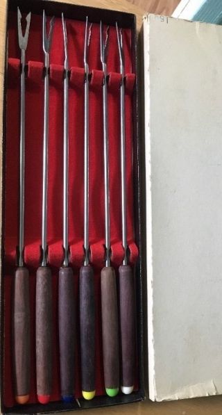 Vintage Mid Century Stainless Steel Japan Fondue Forks Wood Handles Colors