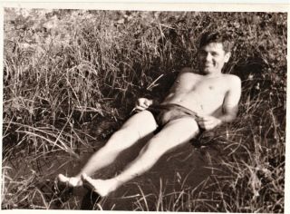 Handsome Shirtless Young Man Summer On The Grass,  Vtg 1960s