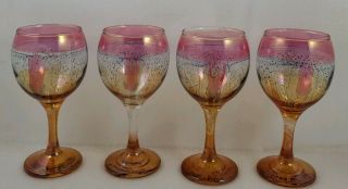 Vintage Set Of 4 Amber Glass Wine/water Goblets With Pink Design.  6.  5 " Tall