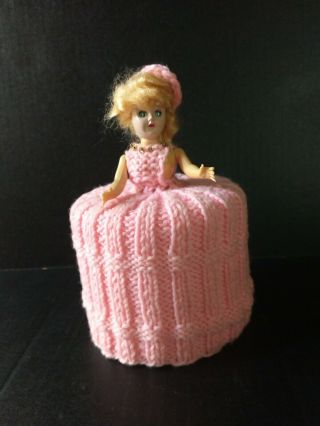 Vintage Crocheted Knitted Doll Toilet Paper Tissue Holder Pink Dress Blonde Doll