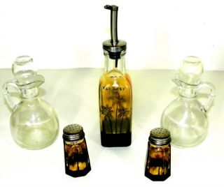 Vintage Key West Vinegar - Oil Bottle Jar & S/p Shakers,  Two Glass Vinegar Jars
