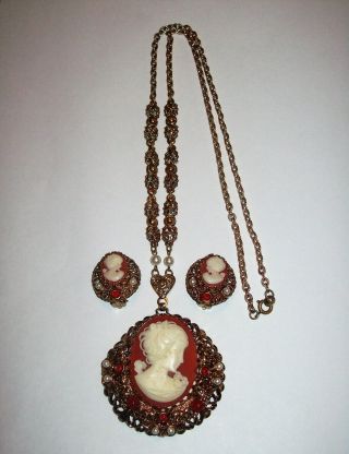 Vintage West Germany Cameo Necklace And Clip - On Earring Set