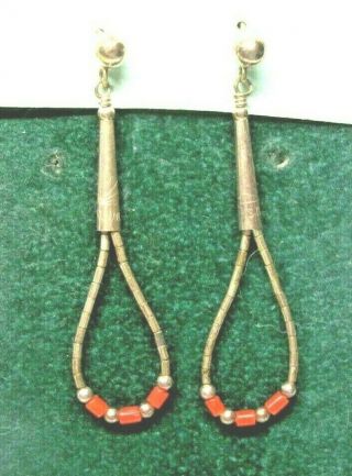 Vintage Earrings Dangle Sterling And Coral Beads Pierced Type South West Style