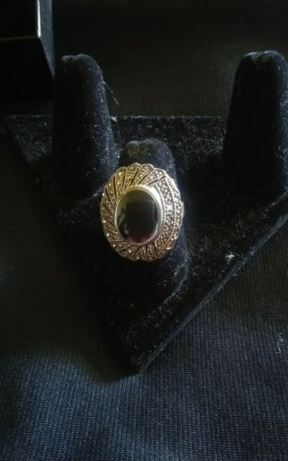 Vintage Large Sterling Silver Black Onyx & Marcasite Ring Size 7